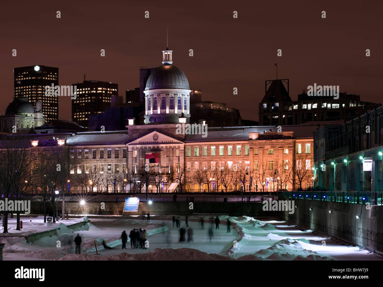 Bonsecours Market at night viewed from Bonsecours basin in Old Montreal
