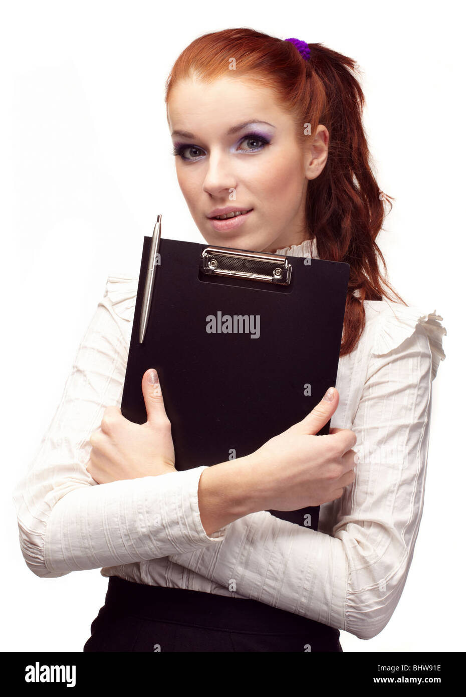 Beautiful girl with a black folder in hands Stock Photo - Alamy