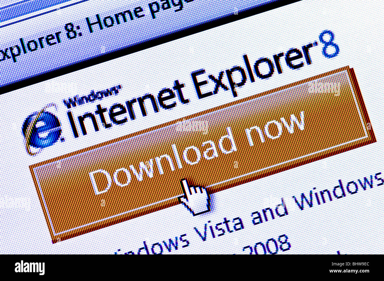 Macro screenshot of the Internet Explorer 8 download icon / option bar on the Microsoft website. Editorial use only. Stock Photo