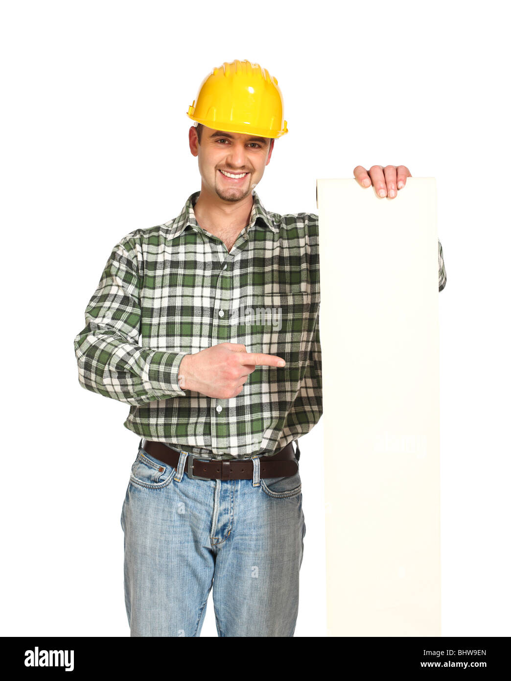 young manual worker show long white list Stock Photo