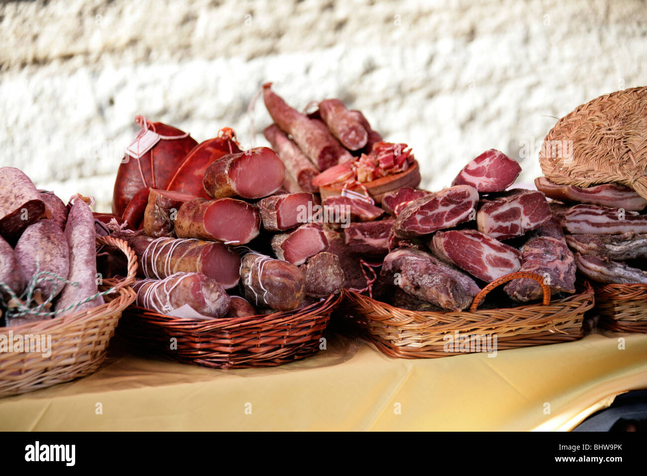 Cured meats on display in a market in Spain Stock Photo Alamy