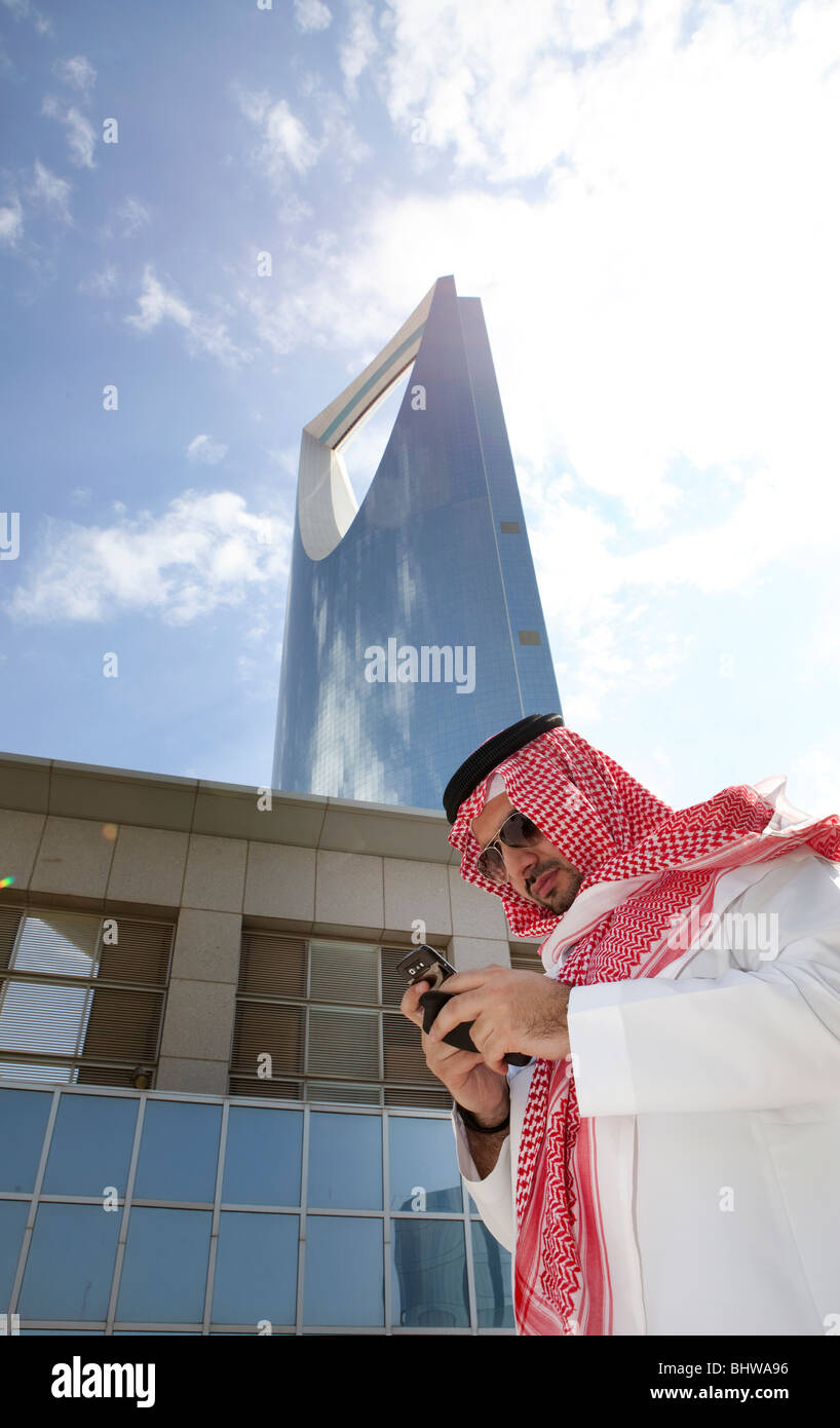 Man traditional Kingdom tower Riyadh Saudi Arabia Stock Photo