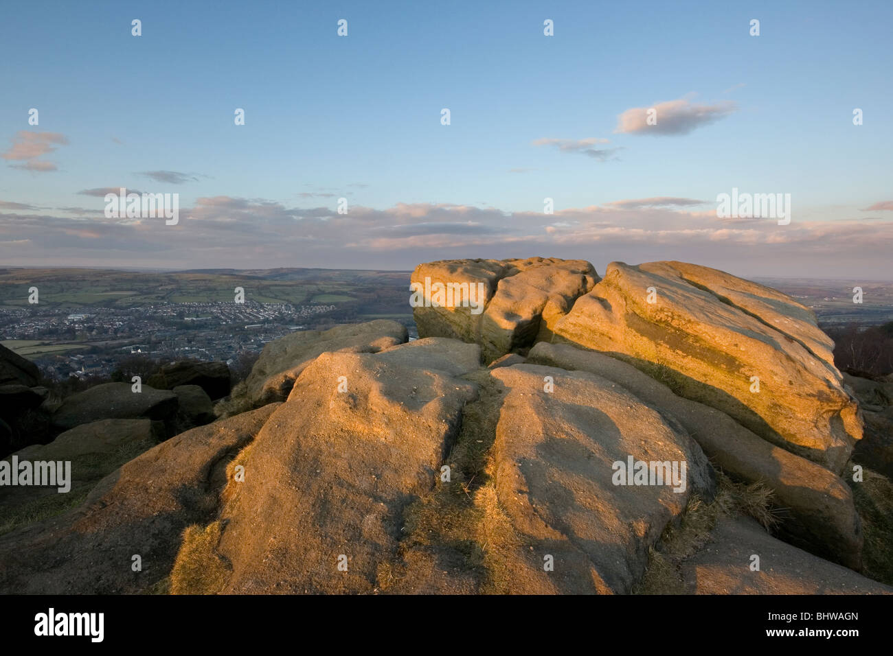 Millstone grit rocks at Surprise View on Otley Chevin, moors in West Yorkshire Stock Photo