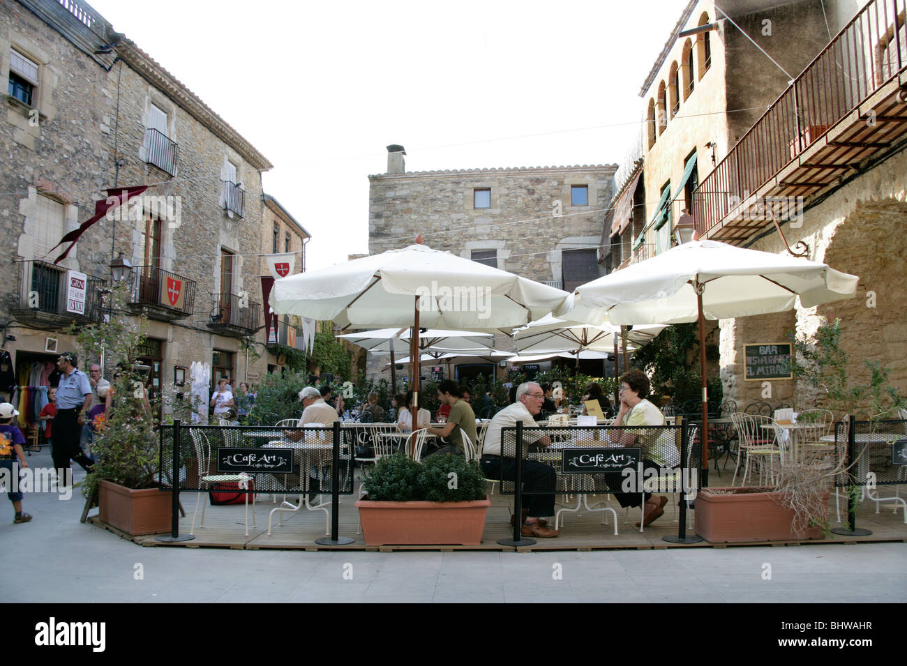 Village square in the centre of medieval Peratallada, Catalonia, Spain ...