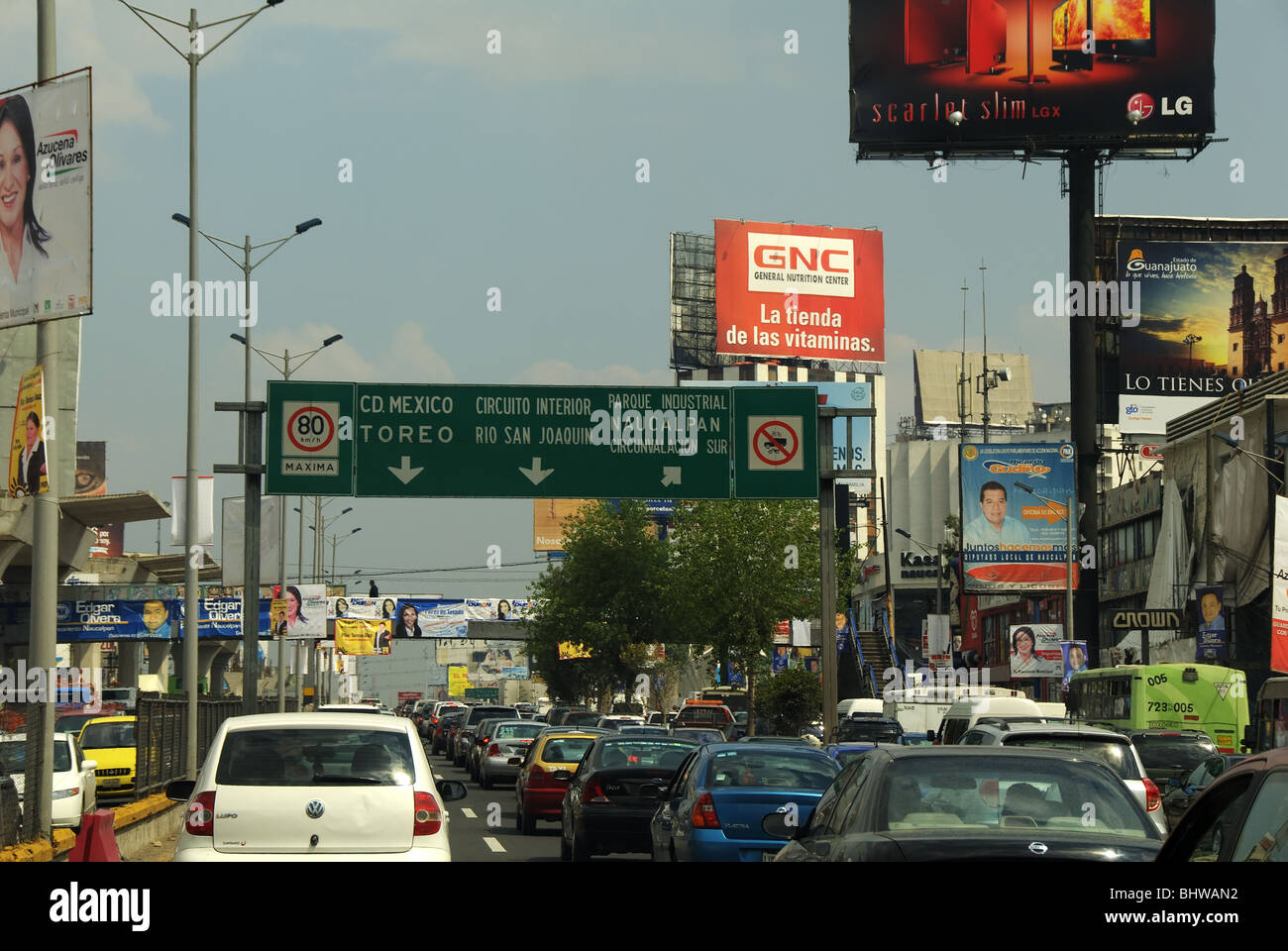 road sign Mexico city, traffic jam Stock Photo