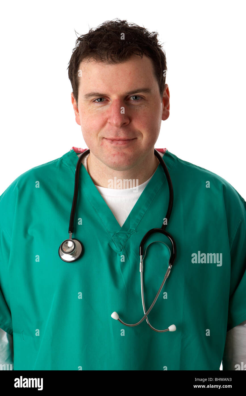 man wearing medical scrubs and stethoscope smiling to camera with eye contact Stock Photo