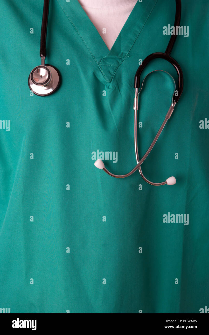 man wearing green medical scrubs and stethoscope Stock Photo