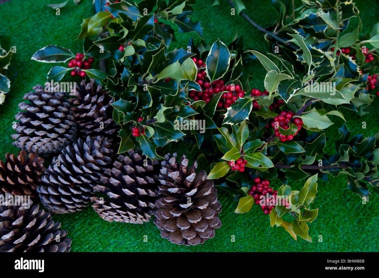 Holly, Berries and Fircones, Christmas Market, Lewes, Sussex, England