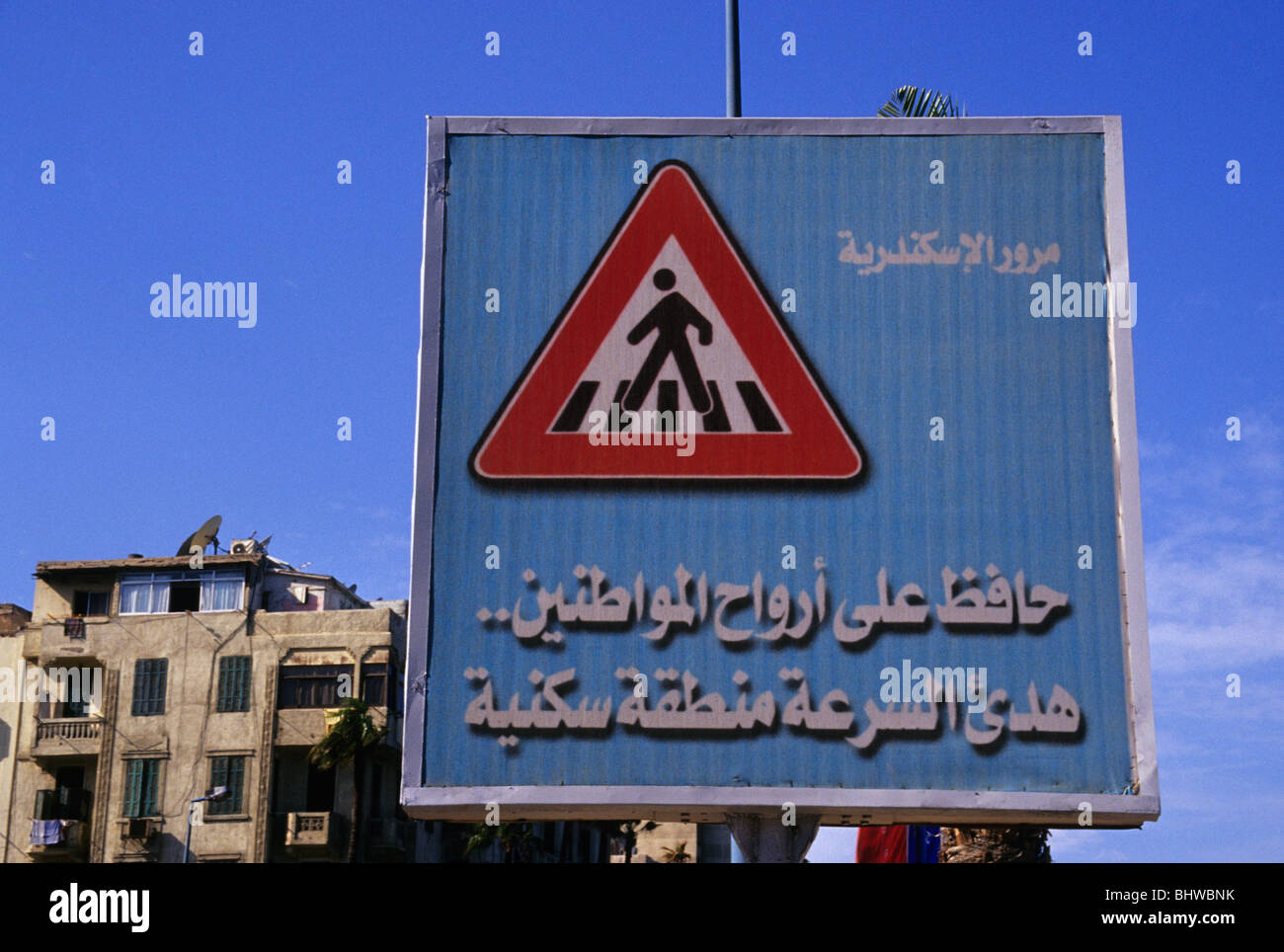 pedestrian crossing sign with arab text - Alexandria - Egypt Stock Photo