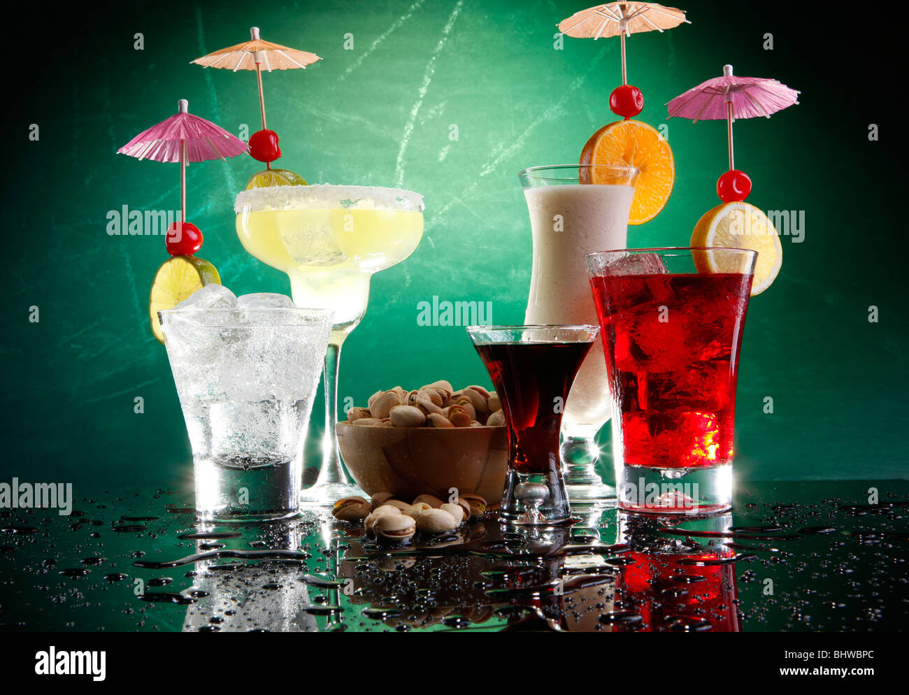 Margarita, Fizz, coffee liquor, cosmopolitan on the rocks and Colada with pistachio Stock Photo