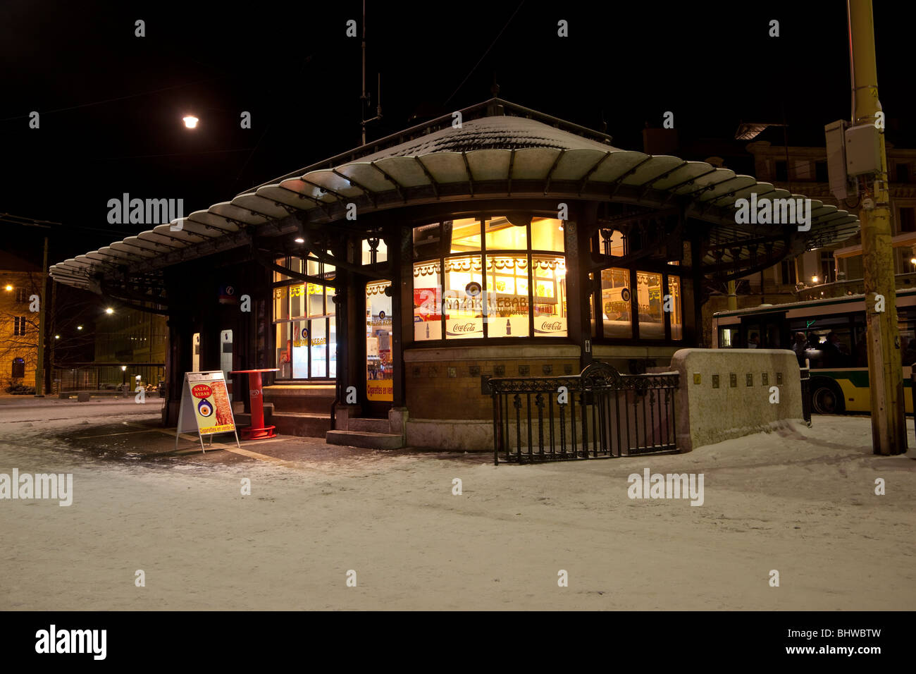 Nighttime winter view of the kebab shop on Place Pury, Neuchatel, Switzerland. Charles Lupica Stock Photo