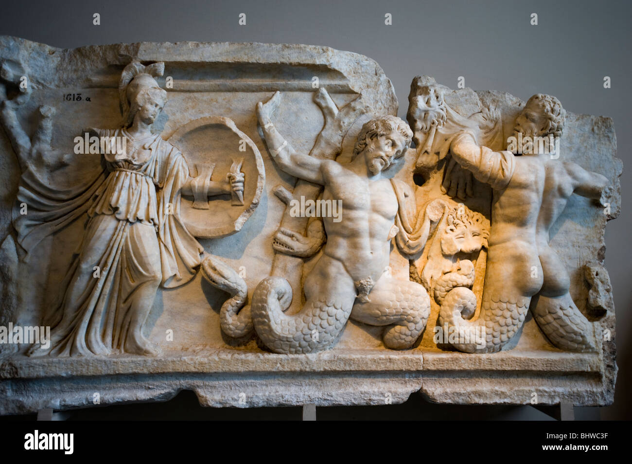 Relief depicting the struggle of Athena and the Gigantes, Aphrodisias Roman 2nd AD, Istanbul Archeology Museum Turkey. Stock Photo