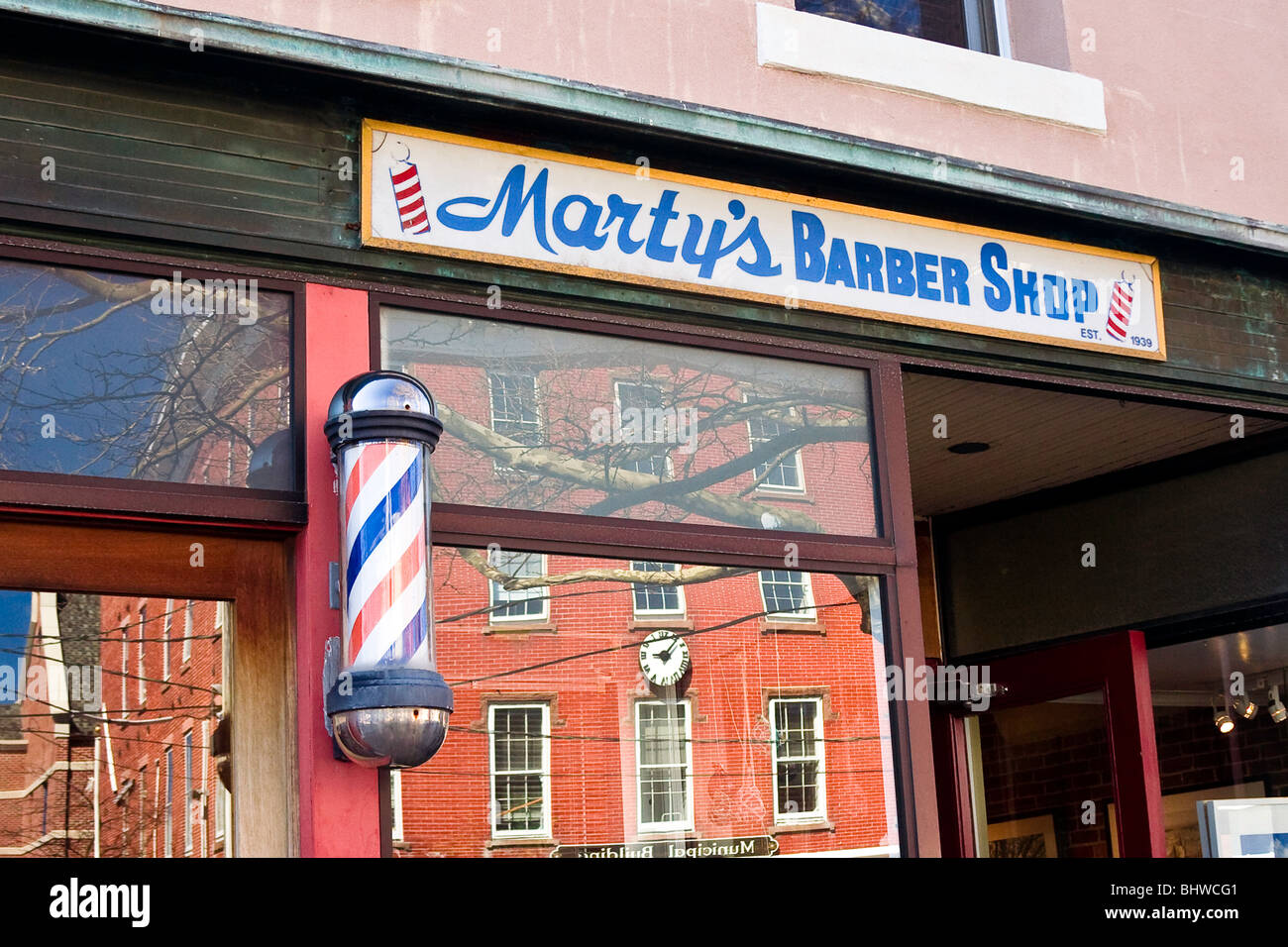 A barber shop storefront  in Sag Harbor NY Stock Photo 
