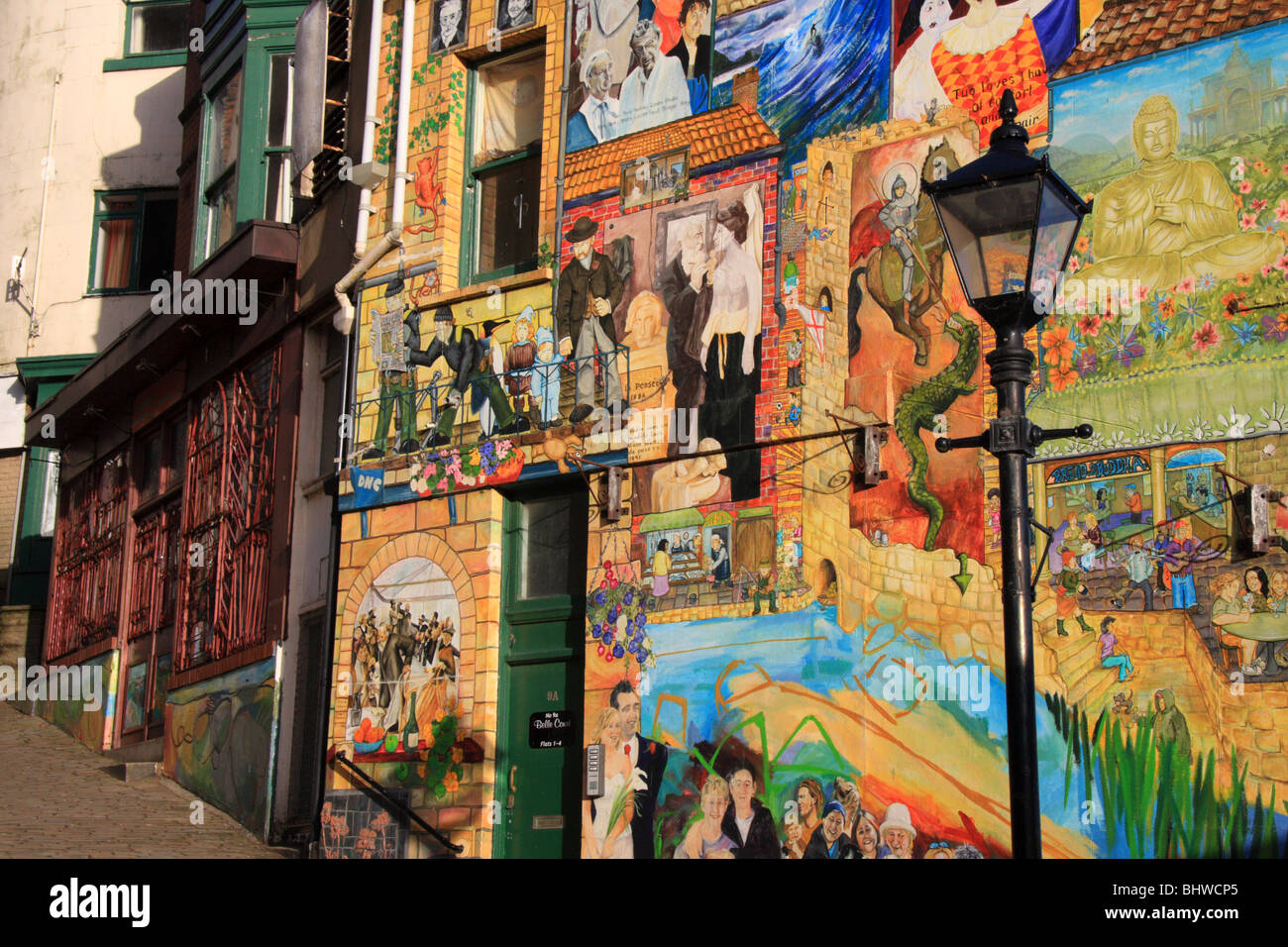 Street art on painted on buildings along Bland's Cliff, in Scarborough