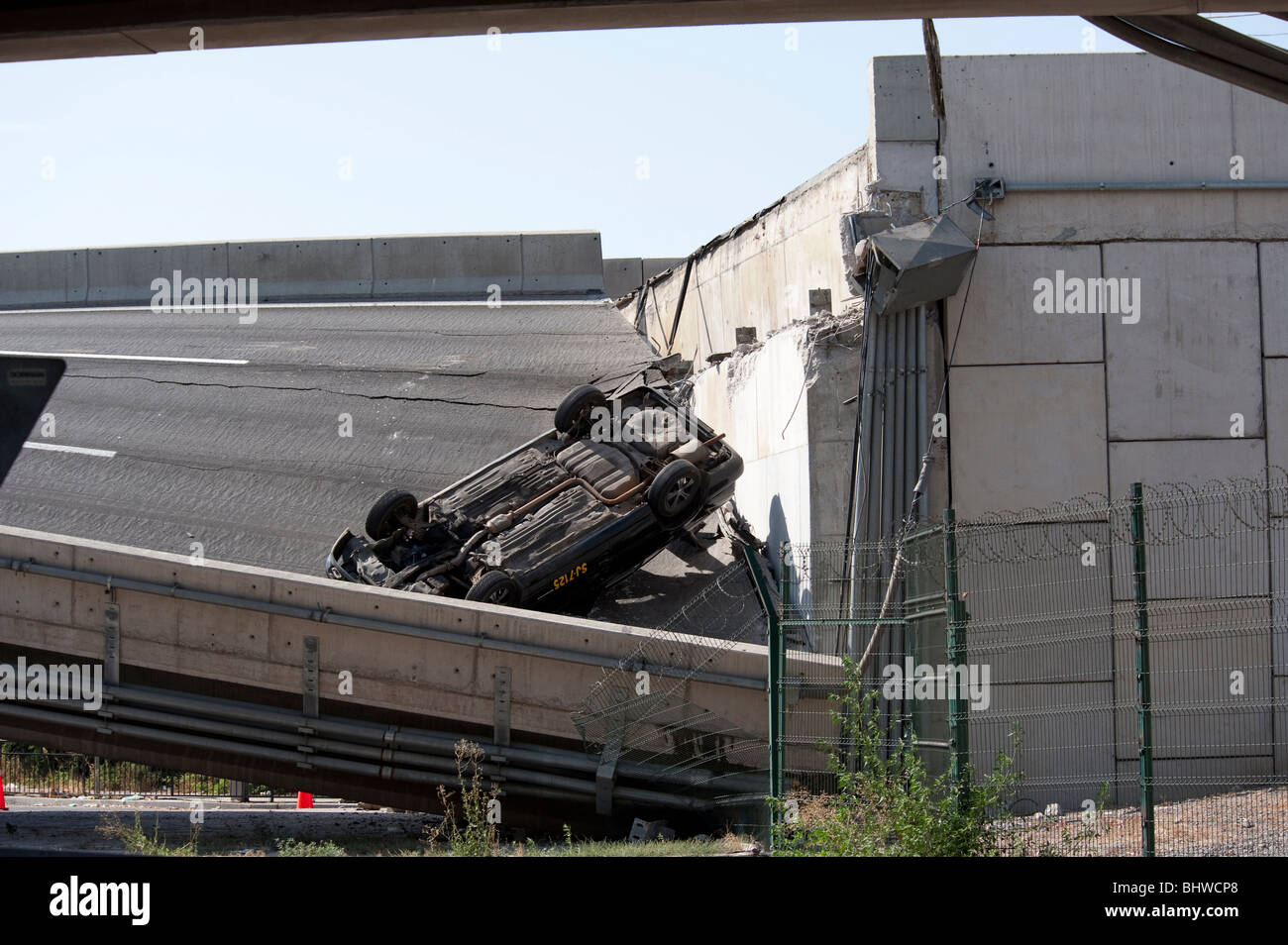 Collapsed Higway, Americo Vespucio Norte. With cars who fell in to the empty. Stock Photo