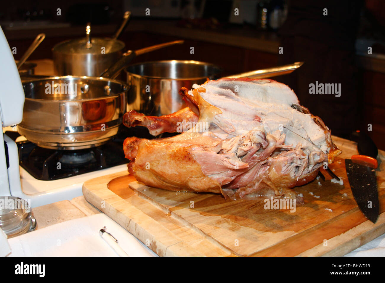 TURKEY THERMOMETER ROAST COOKED TEMPERATURE Cooking meat thermometer  inserted showing ideal temperature (190F) for cooked roast Turkey at  Christmas Stock Photo - Alamy