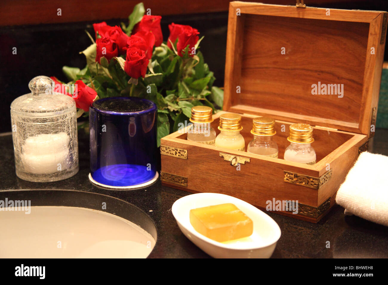 Bathroom amenities in a 5 star hotel. Taken at the Oberoi Hotel