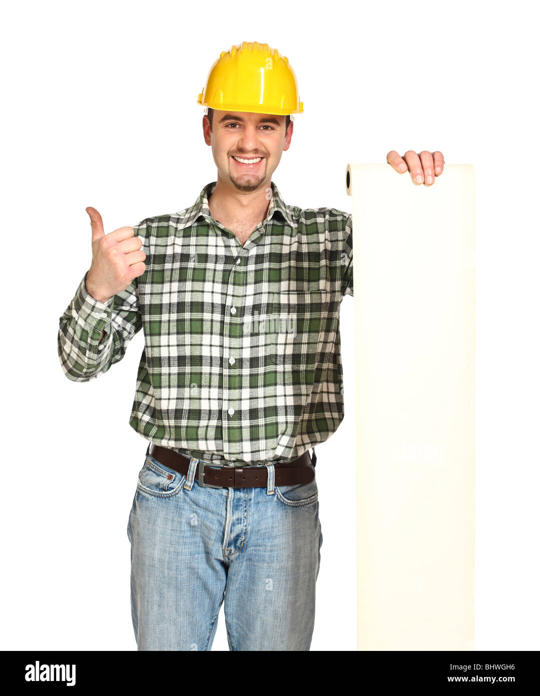 smiling young manual worker show white long bill Stock Photo