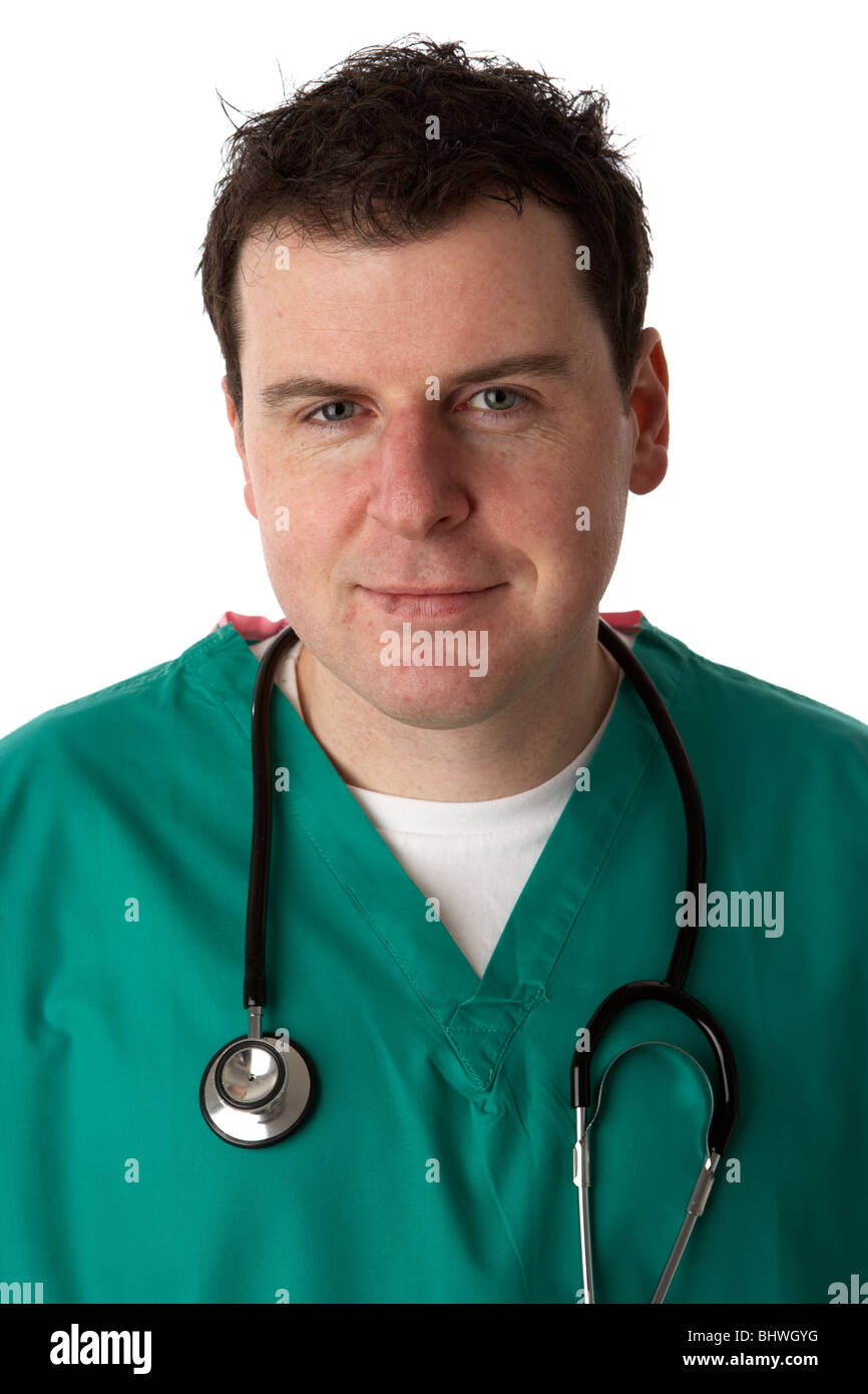 man wearing medical scrubs and stethoscope smiling to camera with eye contact Stock Photo