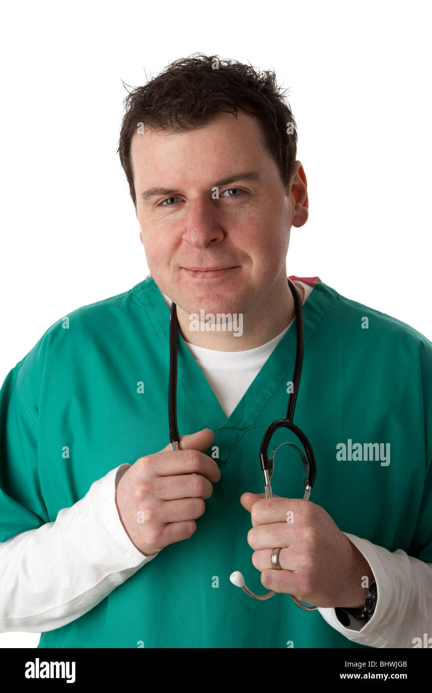 man wearing medical scrubs looking to camera smiling holding stethoscope Stock Photo