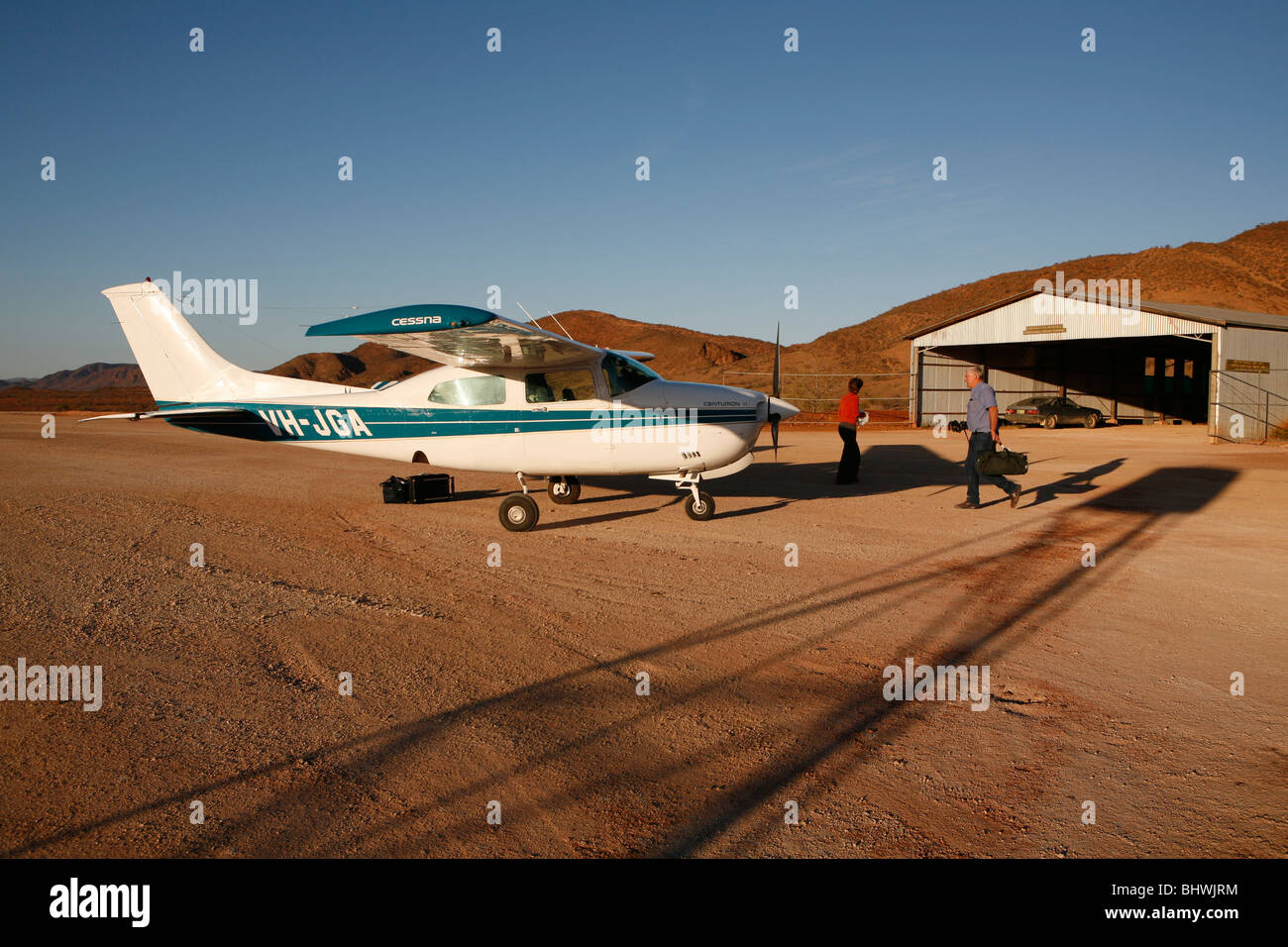 Traveling with sport airplane thorough the Outback of Australia (airport at Arkaroola). Stock Photo