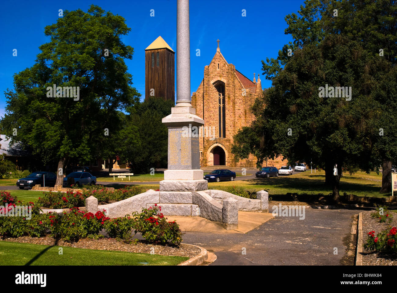 War memorial and Holy Trinity Anglican Cathedral Wangaratta Stock Photo