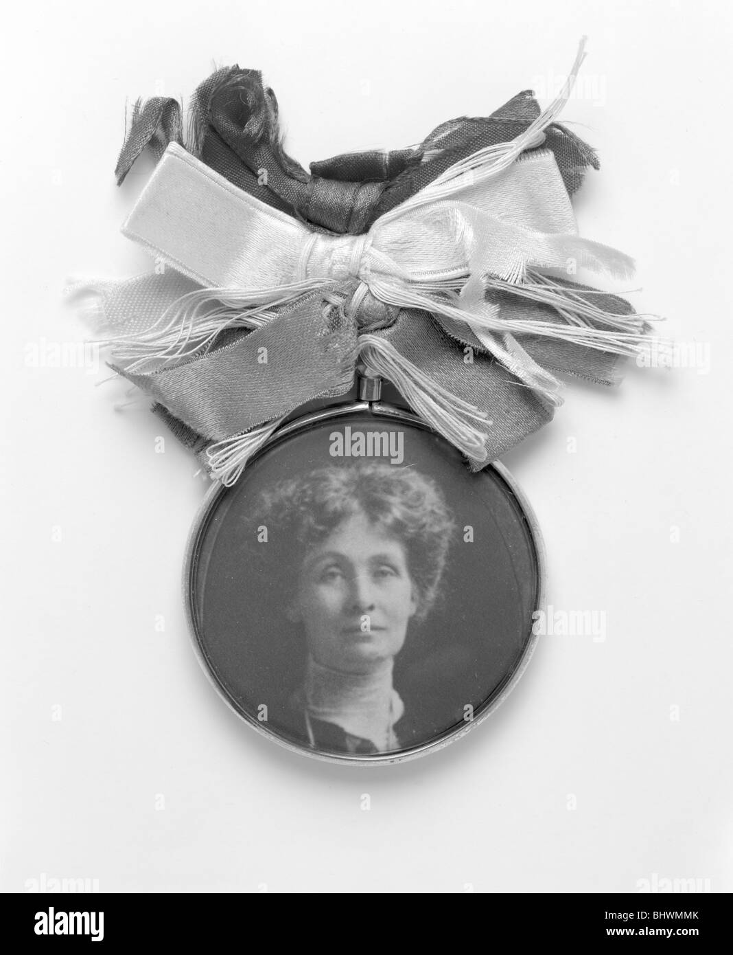 A silver and glass badge with a medallion portrait of Emmeline Pankhurst, c1908. Artist: Unknown Stock Photo