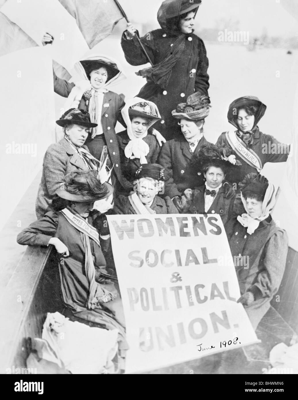 Suffragettes advertising the Women's Social and Political Union, from a boat, June 1908. Artist: Unknown Stock Photo