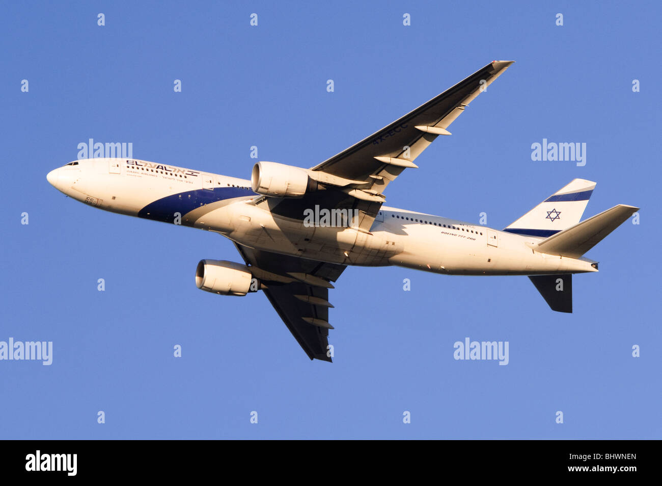 Boeing 777 operated by El Al climbing out from take off at London Heathrow Airport Stock Photo