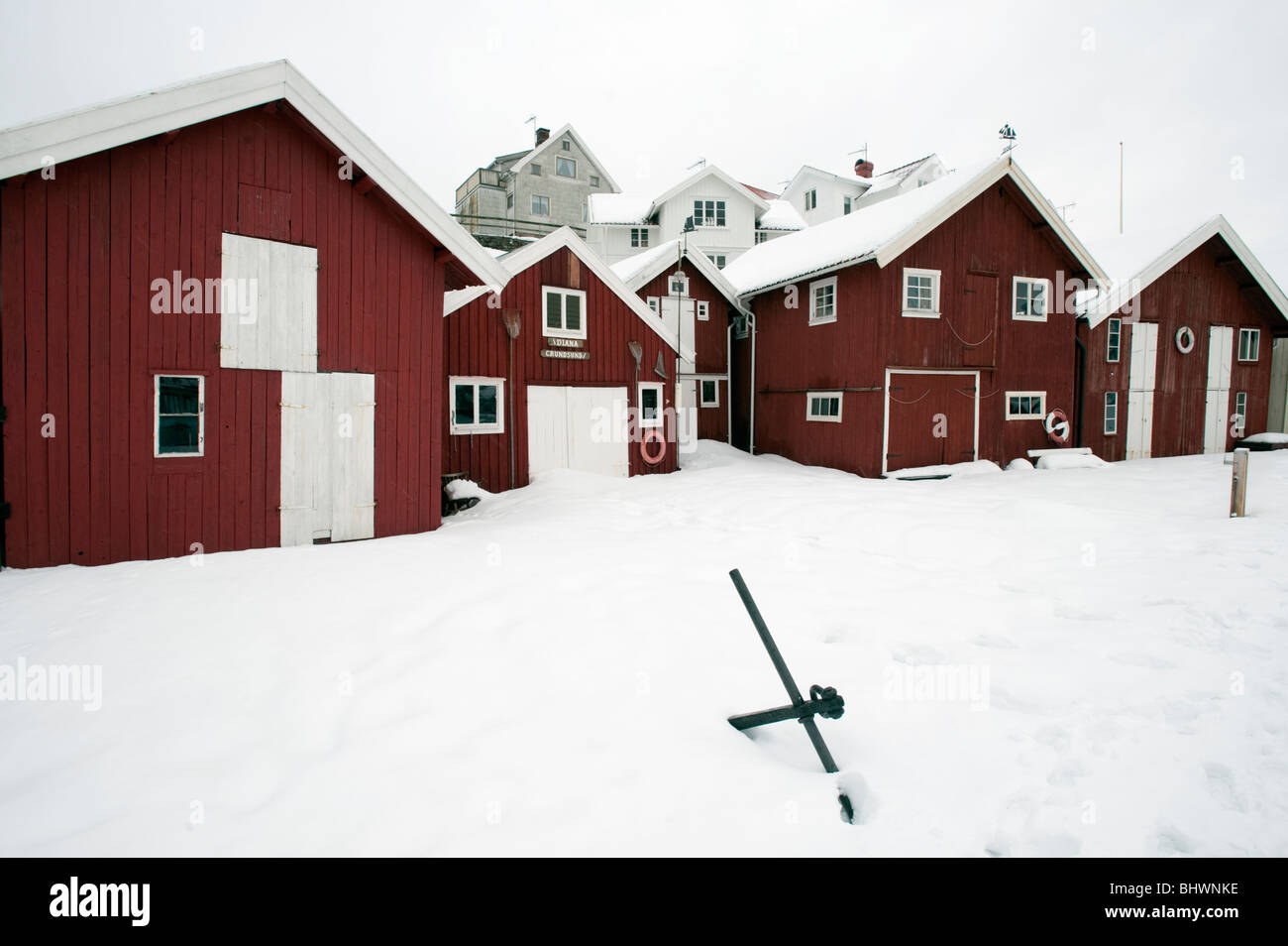 View of traditional village of Grundsund during winter on Bohuslan coast in Sweden Stock Photo