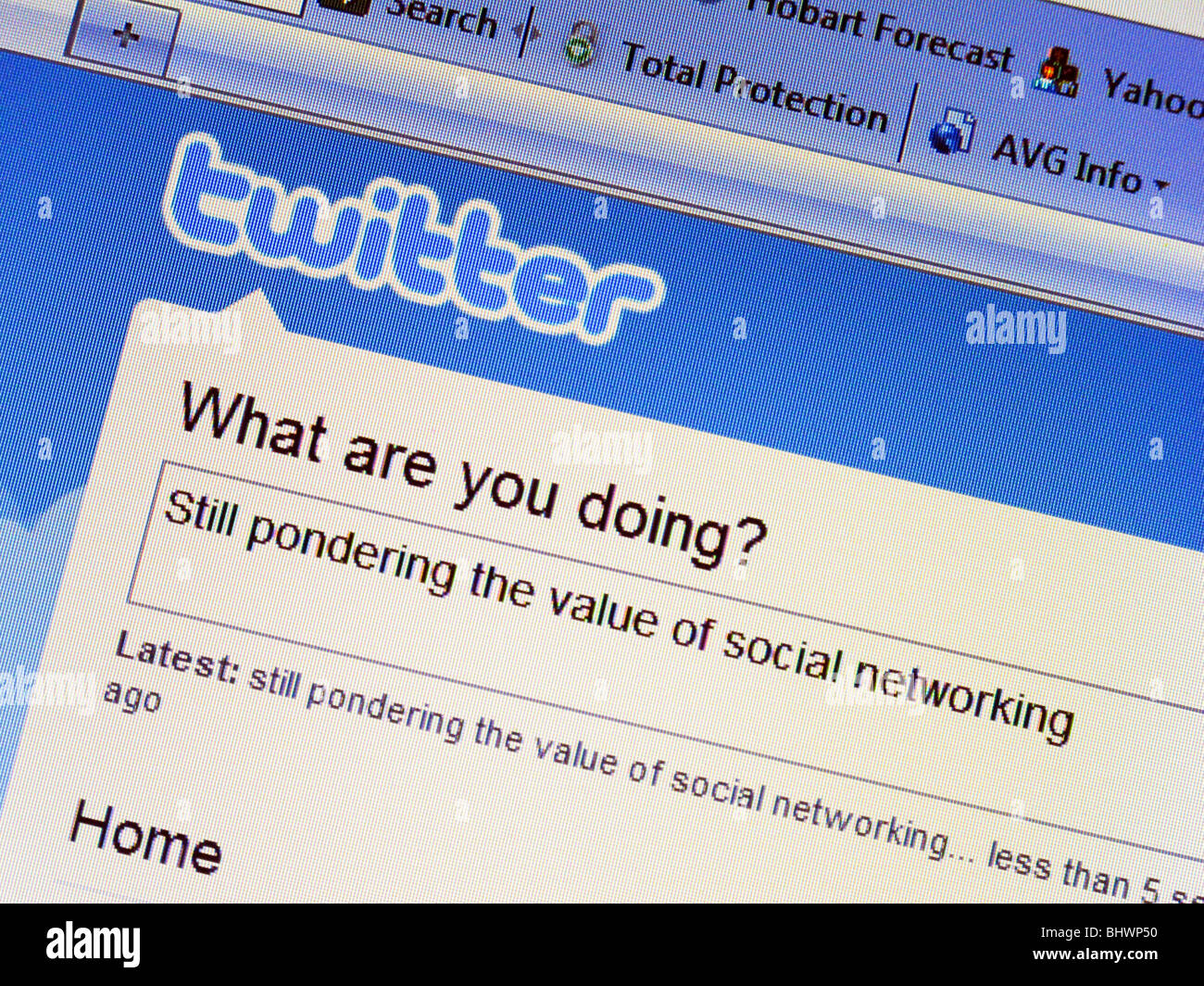 Old style Twitter screen in 2009,before it was taken over by Elon Musk and became X, with the message 'Still pondering the value of social networking' Stock Photo