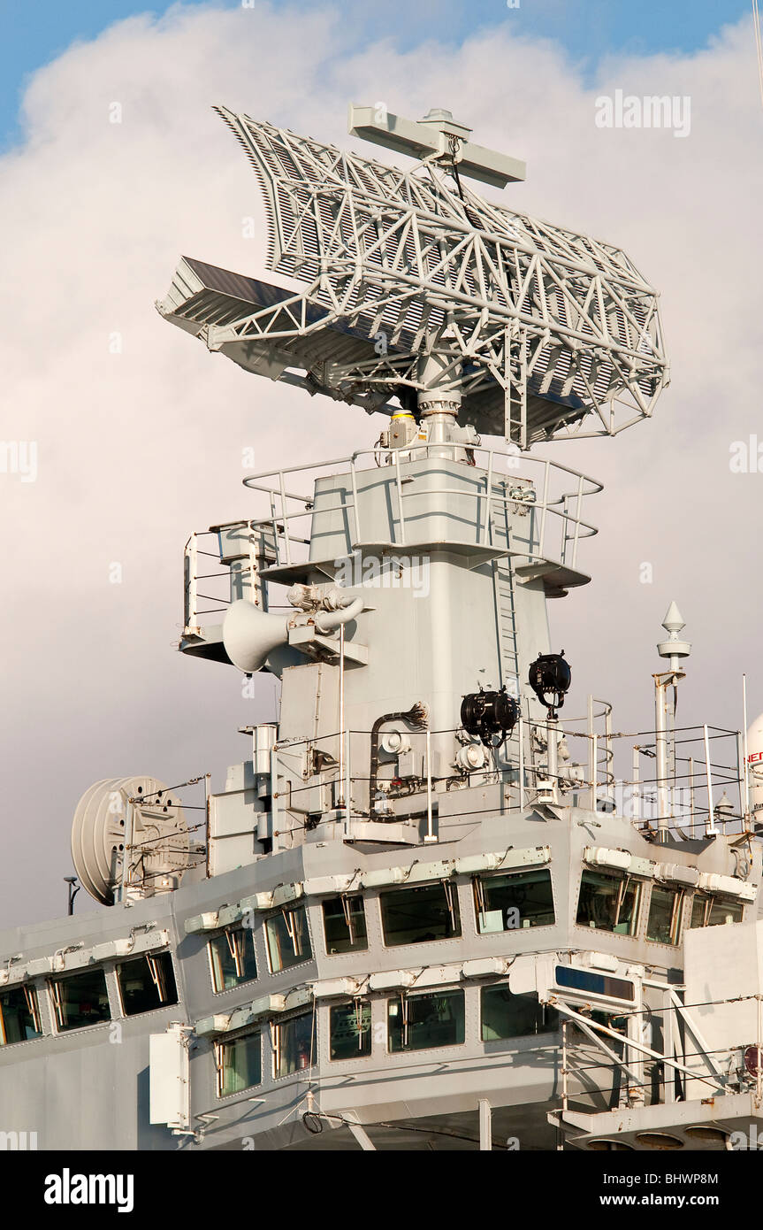 Radar and Bridge on A British Navy Ship Stock Photo