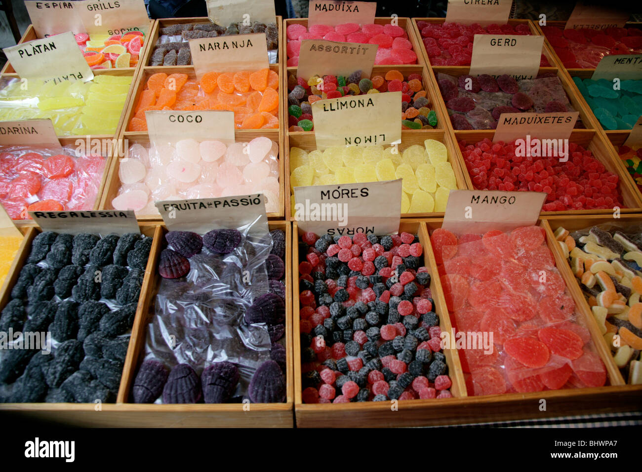 Fruit flavour sweets and candy on display in a market in Catalonia