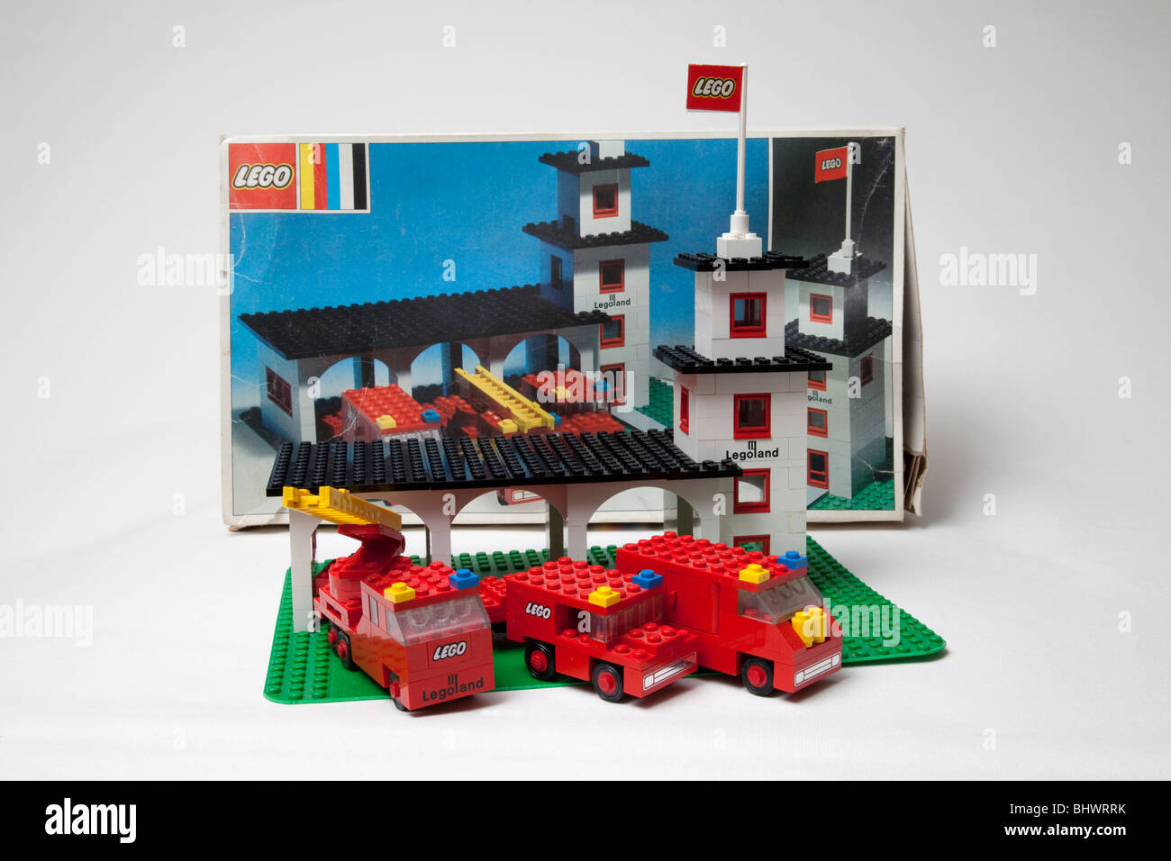 Old lego toy set fire brigade station Stock Photo