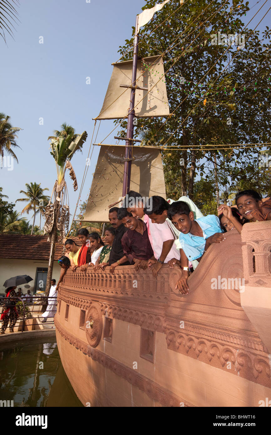 India, Kerala, Alappuzha, (Alleppey) Arthunkal, feast of St. Sebastian, St. Andrew's Forane Church, pilgrims on replica ship Stock Photo