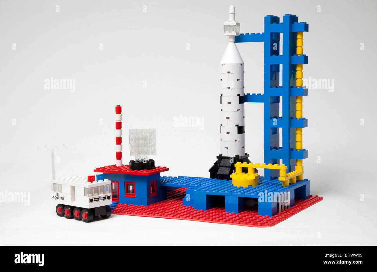 Old lego toy set space launch rocket station Stock Photo