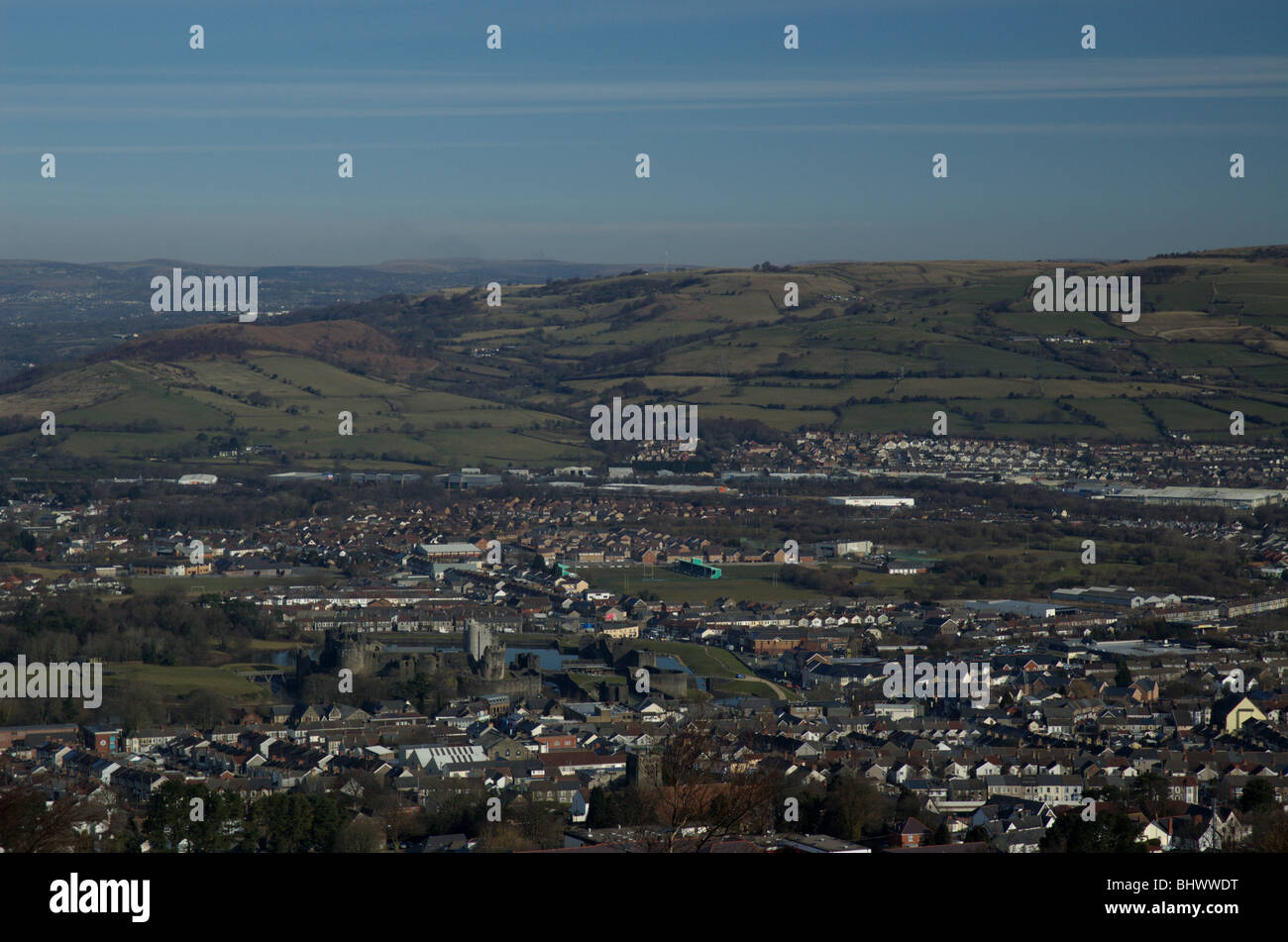 View of Caerphilly and Castle from Caerphilly Mountain Stock Photo Alamy