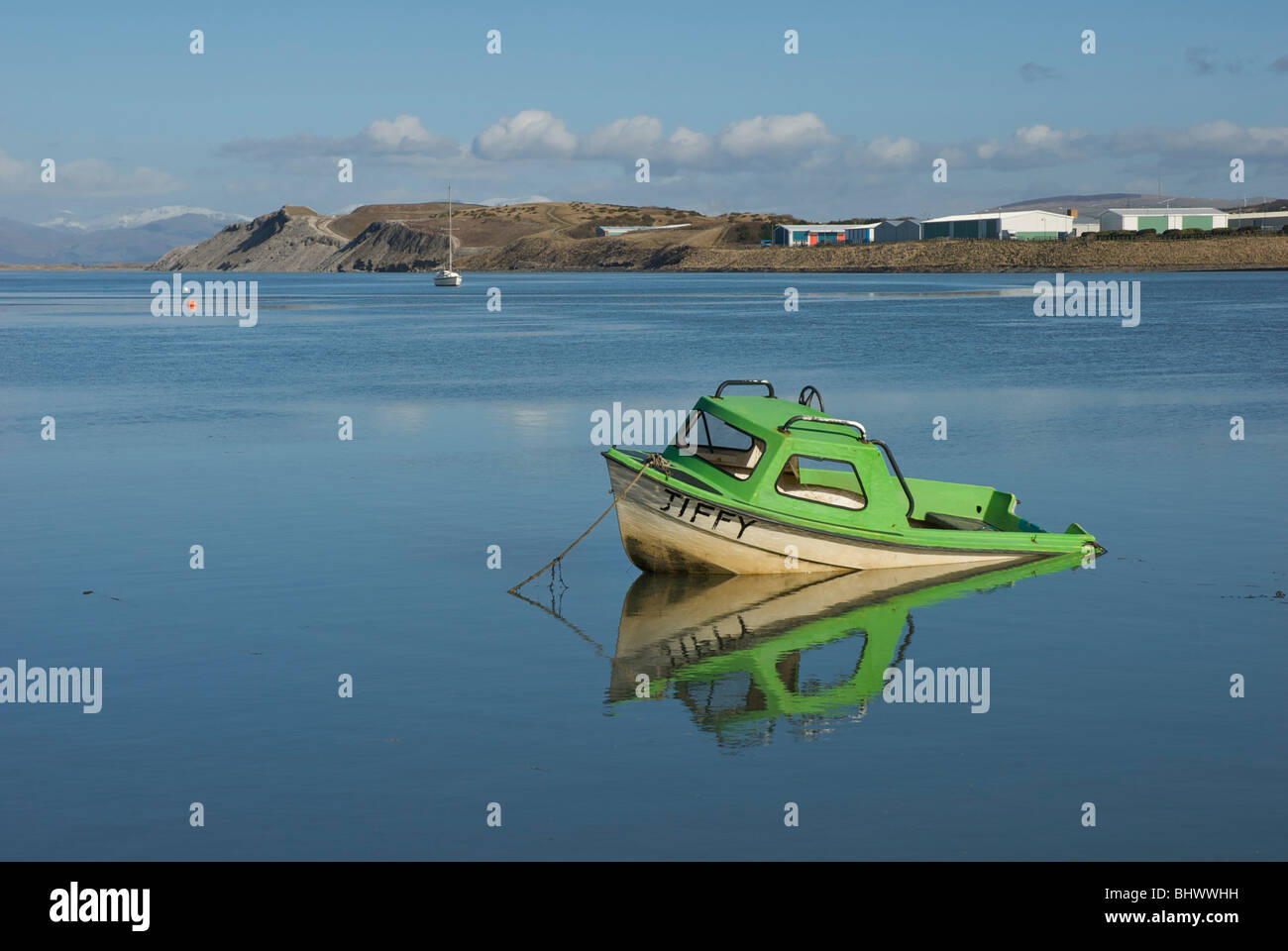 Small boat sinking in Walney Channel, Barrow-in-Furness, Cumbria, England UK Stock Photo