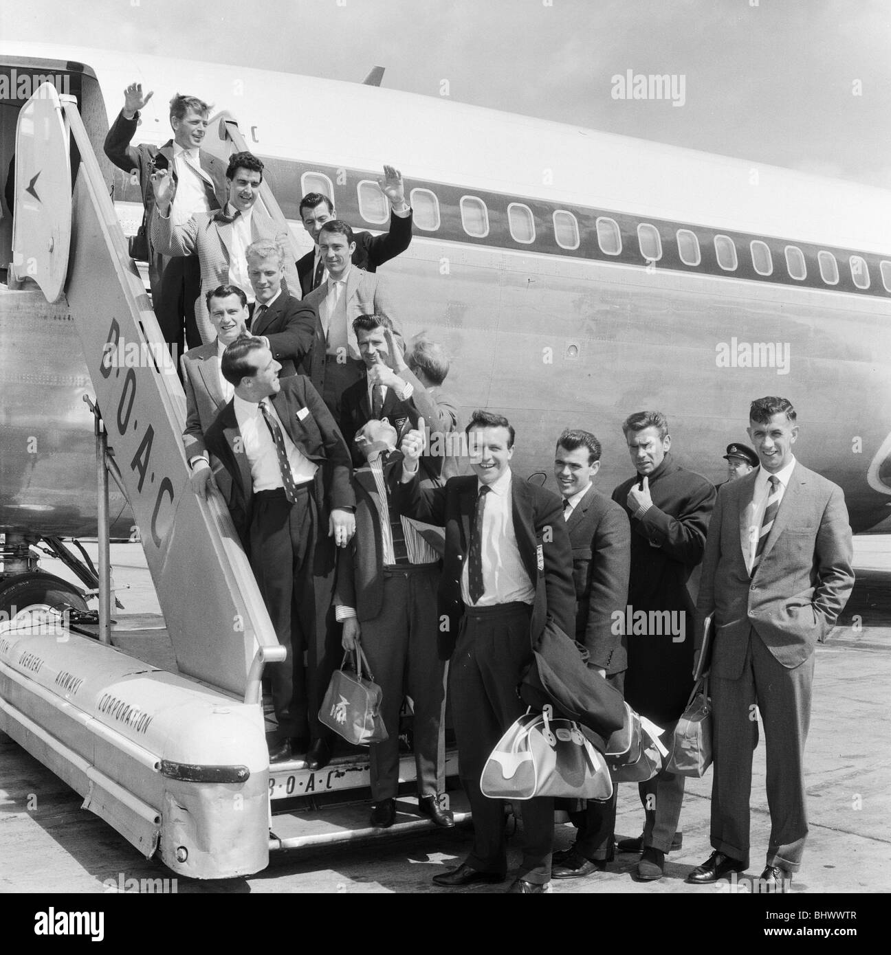 The England football team at London Airport before their flight to