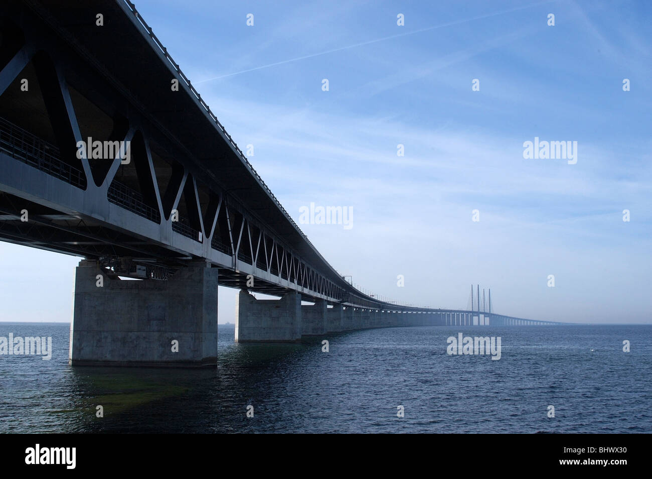 The Øresund or Öresund Bridge between Denmark and Sweden, from the Danish side. Stock Photo