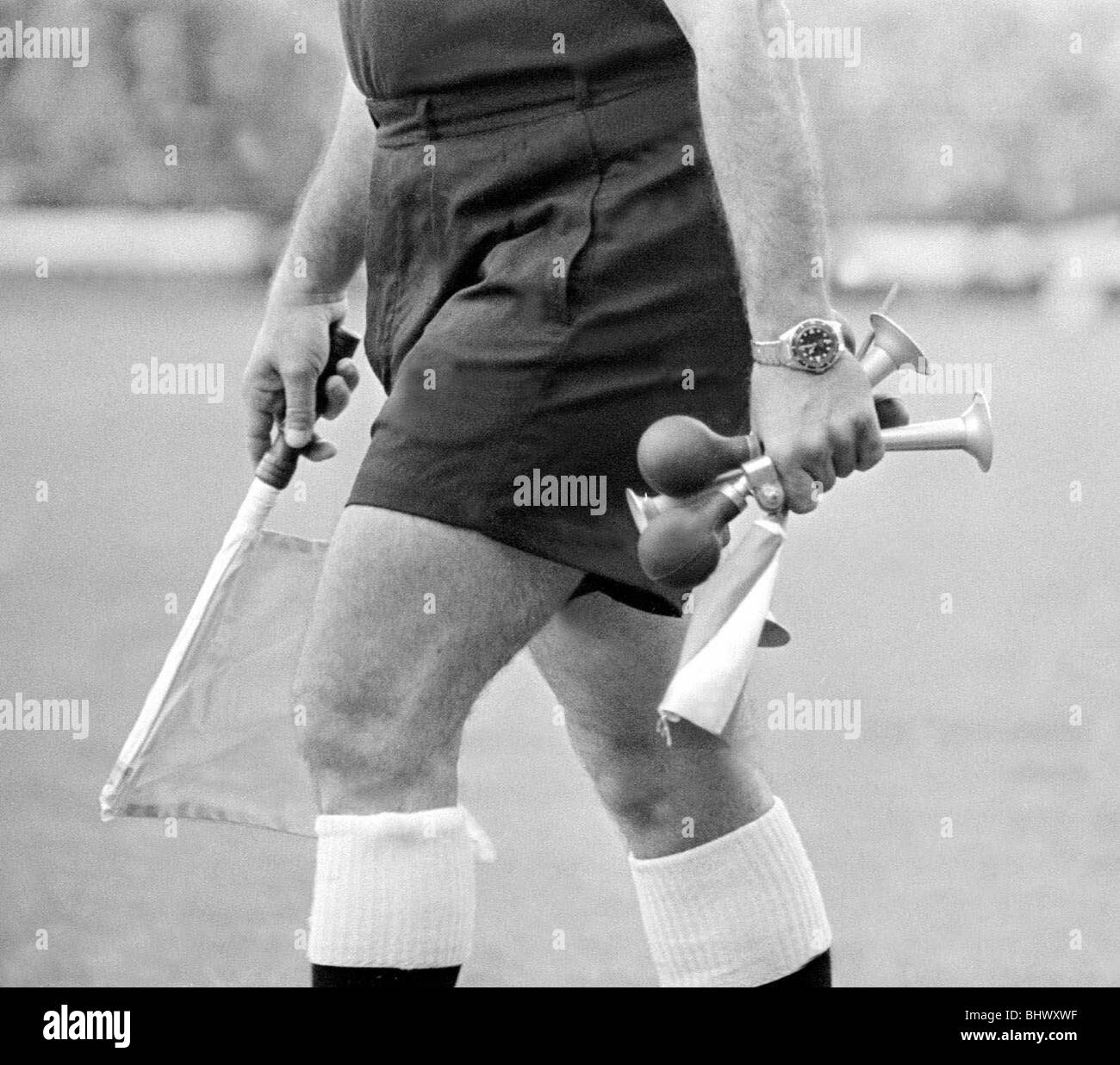 World Cup Russia versus Italy 18th July 1966 Horns are picked up off the pitch after supporters threw them from the stands football, horns, legs, linesman Stock Photo