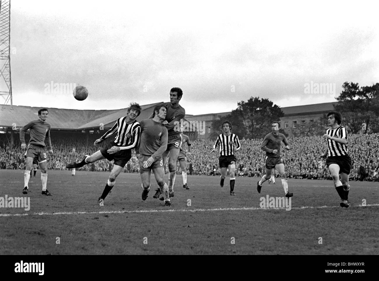 Sport: Football: Newcastle United v. Chelsea. Wynn Davies, Ncle. centre-forward heads goal wards challenged by David Webb and Stock Photo