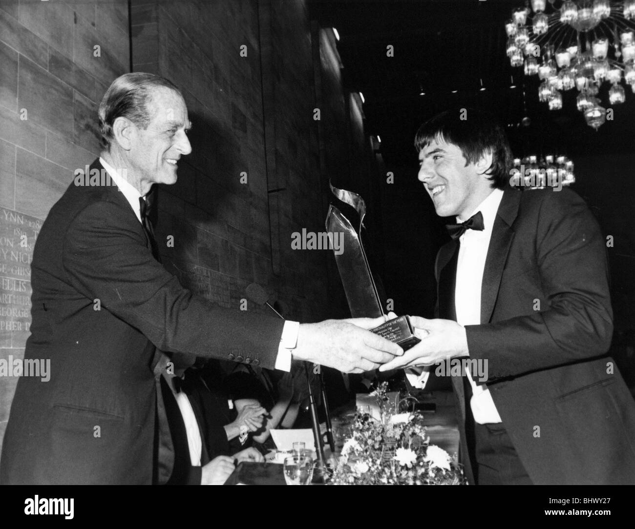 Prince Philip, Duke of Edinburgh, at the Newcastle Sports Council civic dinner at Newcastle Civic Centre, presenting Peter Beardsley with his Sports Personality of the Year award Peter receiving the North East Sports Personality of the Year award at Newcastle Civic Centre from HRH Prince Philip in 1987. There were plenty more honours to follow for Beardsley. Stock Photo