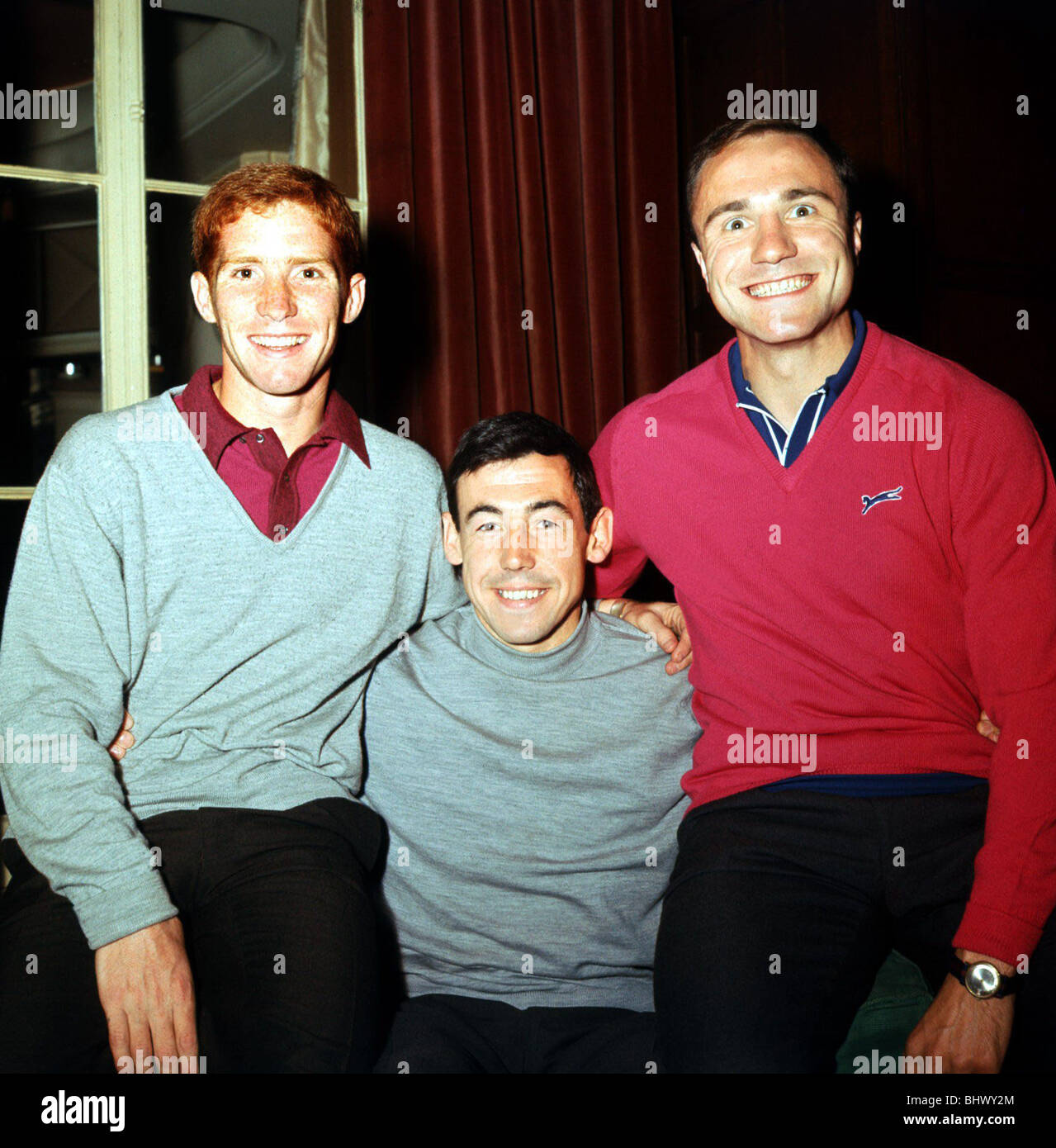 World Cup 1966 England World Cup team at Hendon Hall Hotel L-R Alan Ball, Gordon Banks and George Cohen July 1966 Stock Photo
