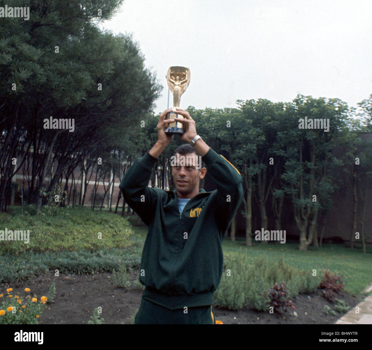 Brazil captain Carlos Alberto holds aloft the Jules Rimet World cup trophy following their successful World Cup tournament in Mexico June 1970 Stock Photo