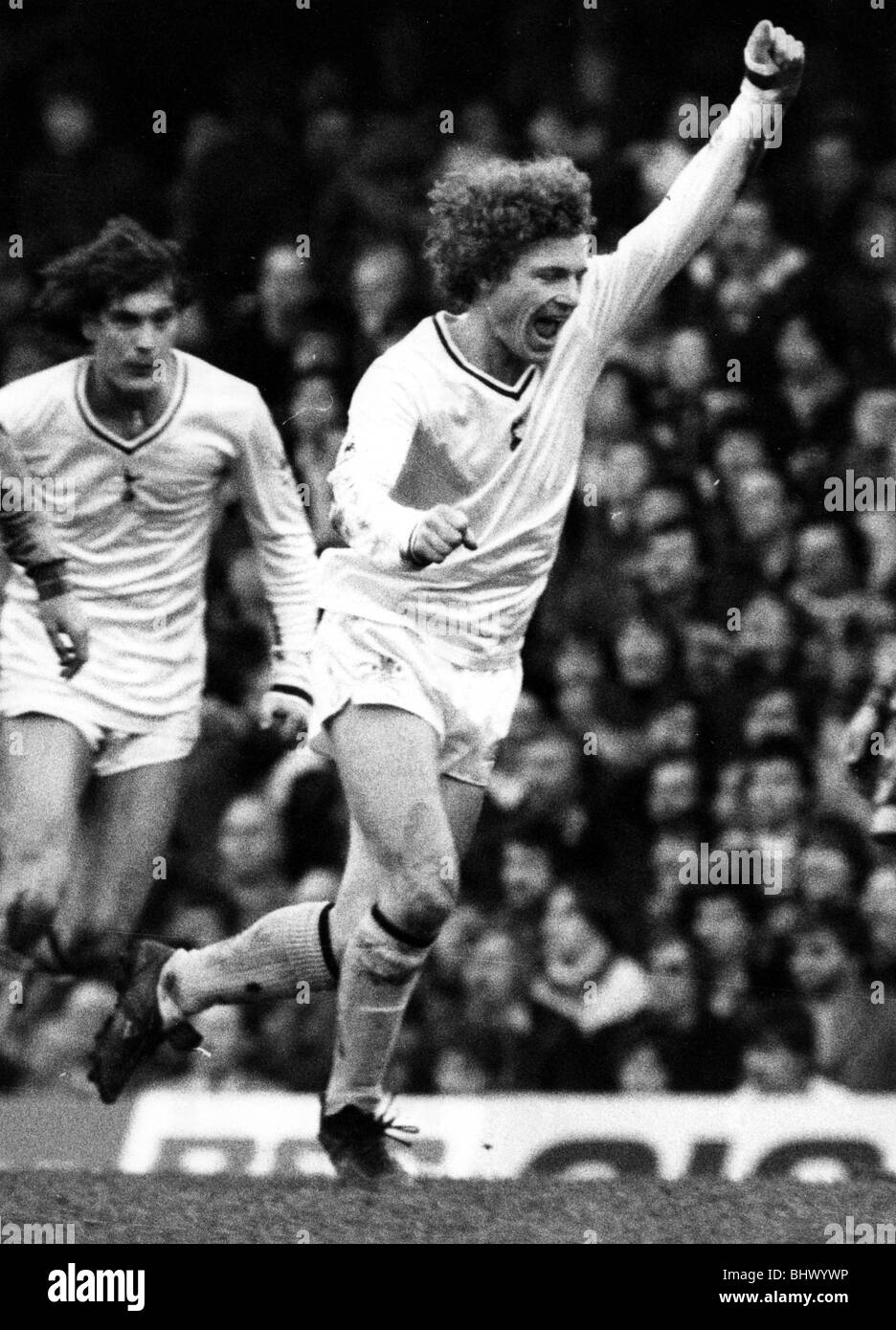 Football FA Cup Quarter Final match Chelsea v Tottenham Hotspur Spurs goalscorer Mike Hazard celebrates after scoring March 1982 Stock Photo