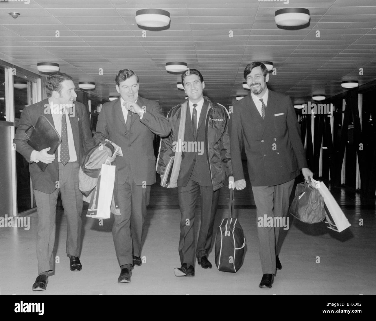 The four men who will lead the British Leyland attack in the Daily Mirror World Cup Rally fly out to South America for a final Stock Photo
