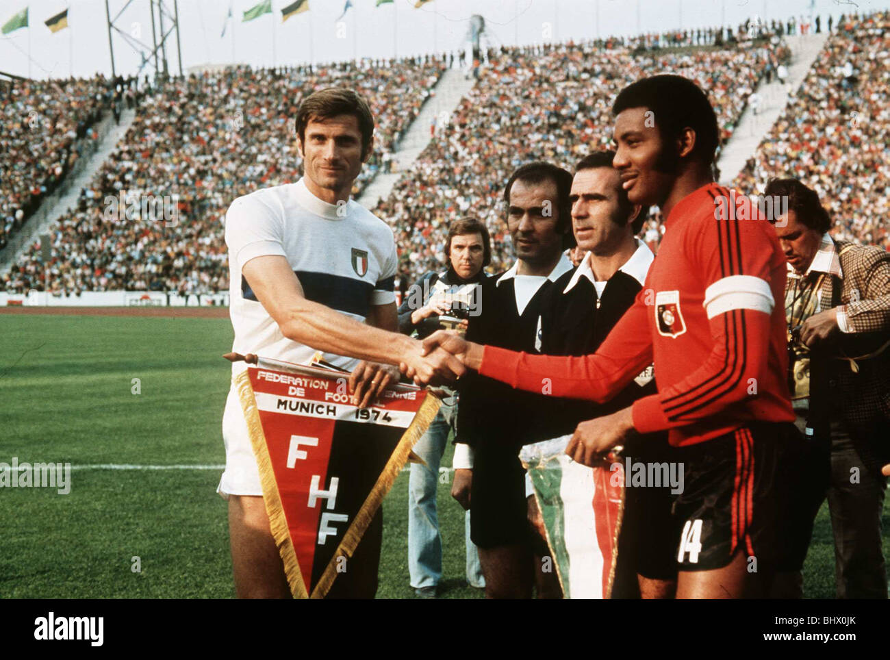 Italy V Haiti World Cup 1974 Facchetti (Italy) and Nazaire (Haiti) shake hands Stock Photo