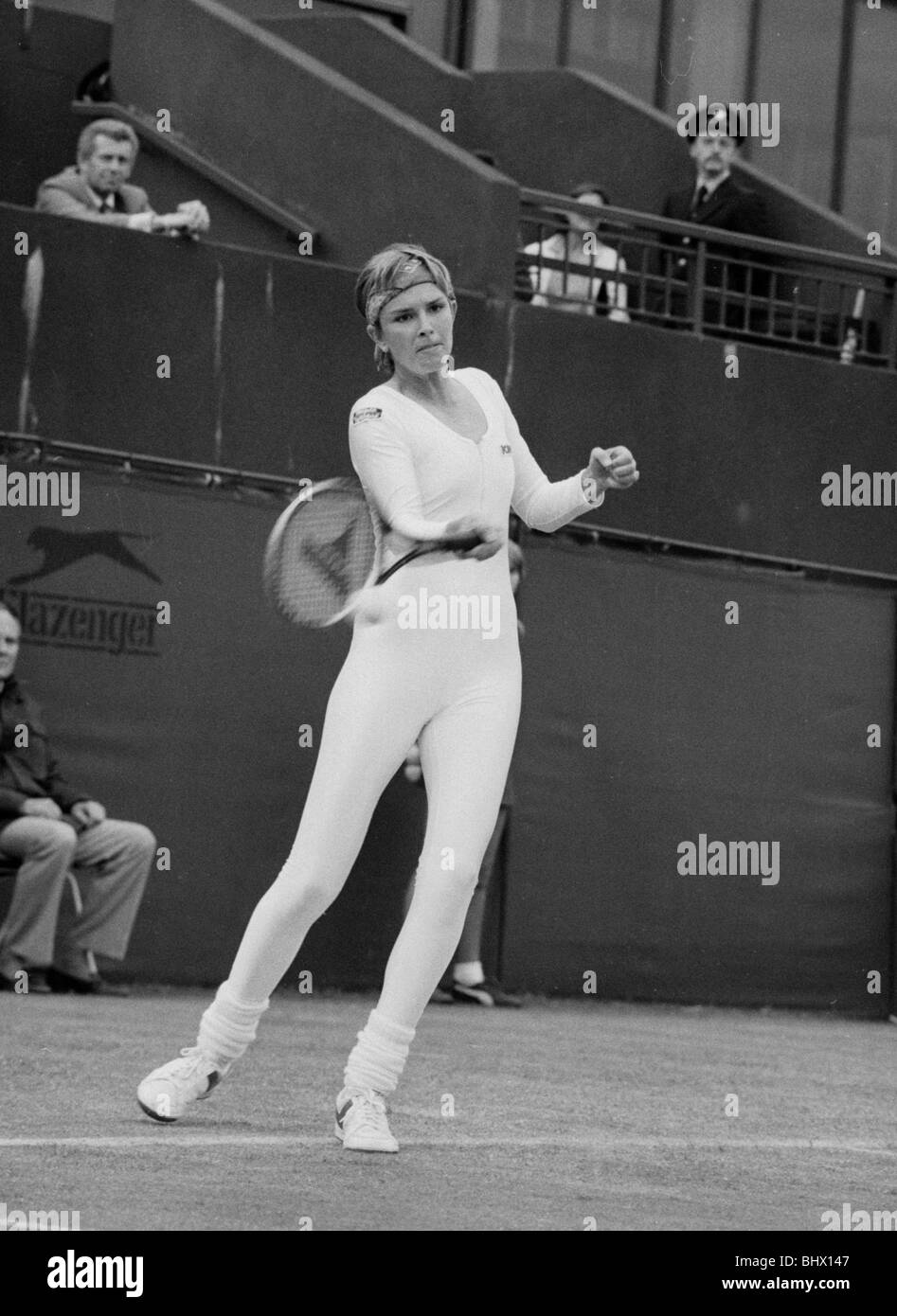 American tennis player Anne White in action wearing her white skin tight  catsuit during her Ladies Singles match against Pam Stock Photo - Alamy