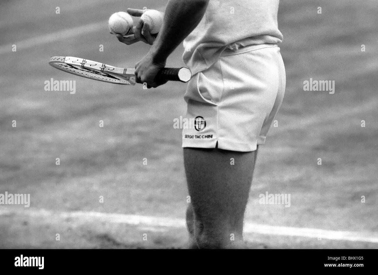 Wimbledon Tennis: Men's Finals 1981: John McEnroe v Bjorn Borg. John McEnroe in action on the centre court July 1981 Stock Photo